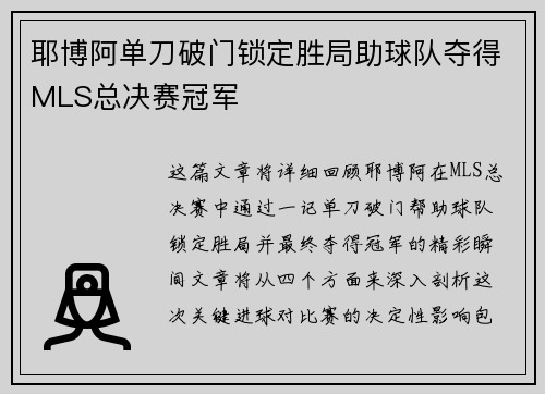 耶博阿单刀破门锁定胜局助球队夺得MLS总决赛冠军