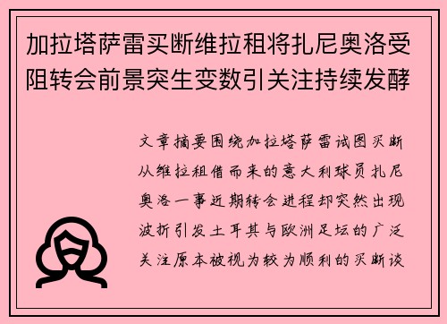 加拉塔萨雷买断维拉租将扎尼奥洛受阻转会前景突生变数引关注持续发酵